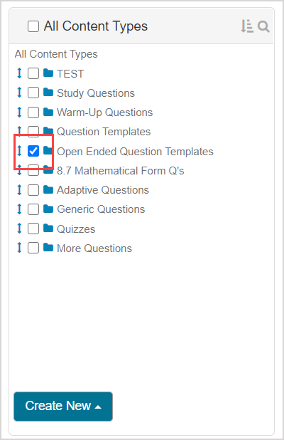 List of items with folder icons and checkboxes under All Content Types pane. One checkbox for a folder in the list is checked.